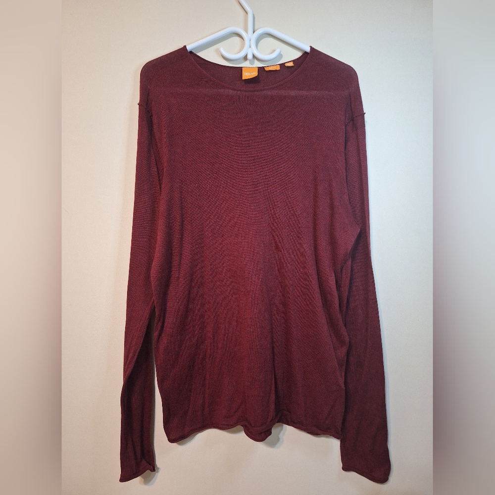 Boss XL slim fit longsleeve thin knit cotton raw hem burgndy sweater
